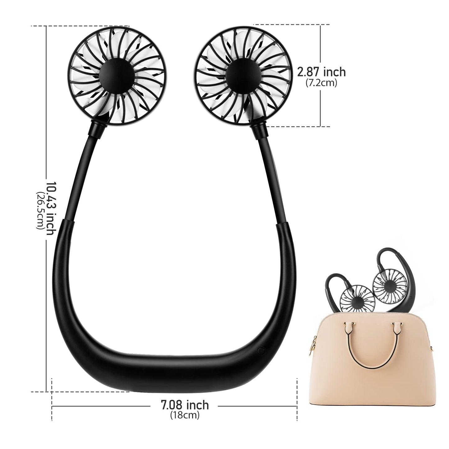 BOSONER Mini-Nackenventilator (2000mAh) mit USB, 360° Luftstrom, Leise