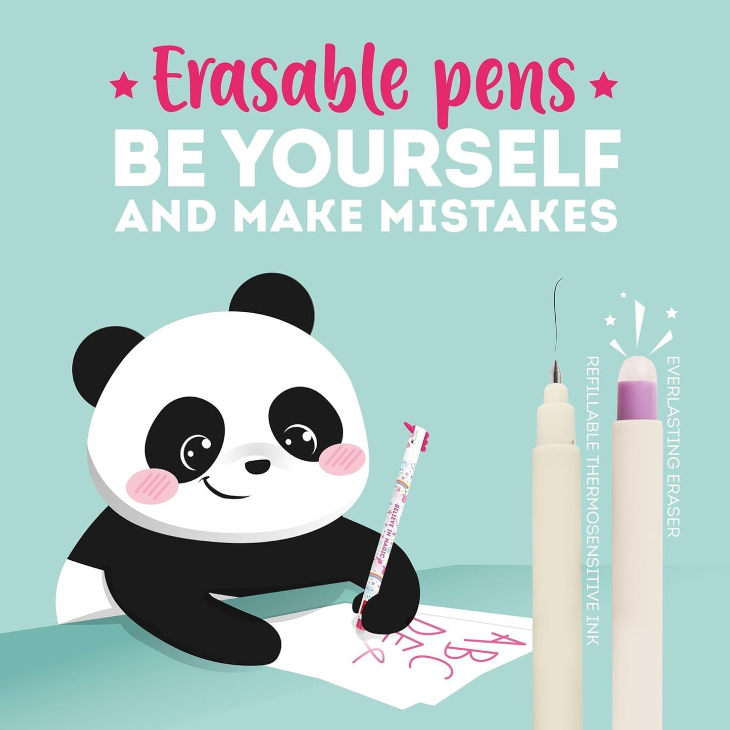 Legami set of 7 erasable gel pens with thermosensitive eraser ink, assorted ink colors and barrel designs, 0.7 mm tip, designs: cat, bee, corgi, giraffe, panda, shark, hippo