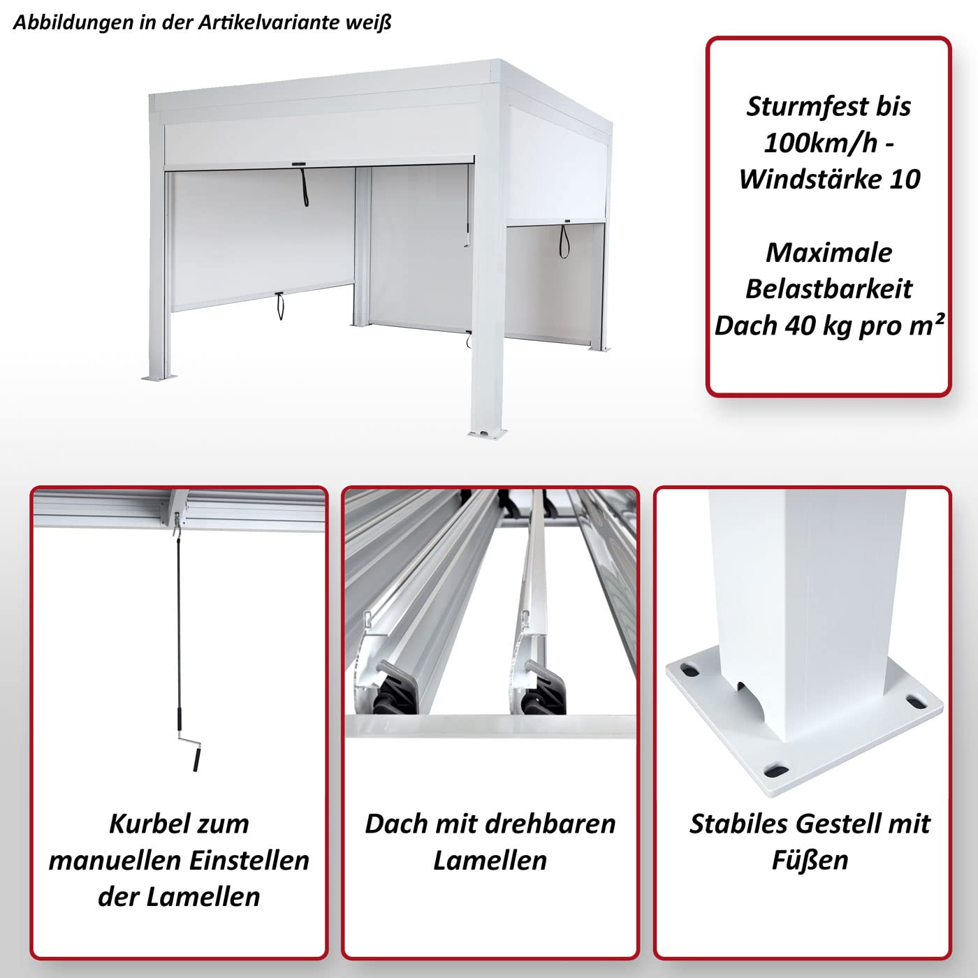 Pergola (HWC-L46) Garten-Lamellen-Pavillon mit Seitenwand-Rollo (3x4m): Sturmfest, Alugestell