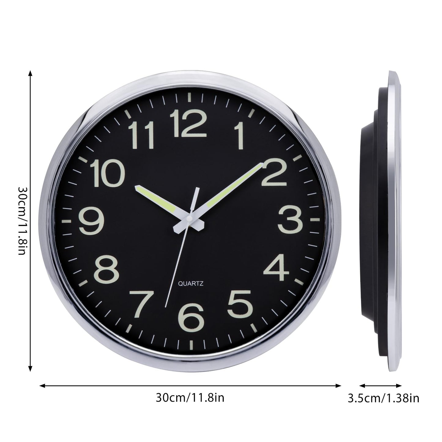 VINILITE Luminous Night Light Wall Clock (30cm) without ticking noise: Battery-operated for living room, bedroom, office