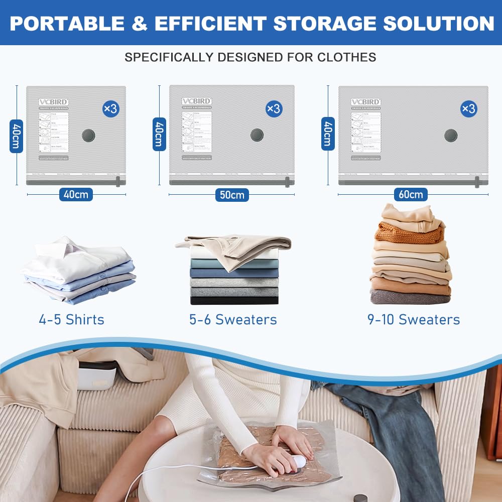 Vacuum Bags for Clothes with USB Electric Pump (9 Pack): Reusable for Travel