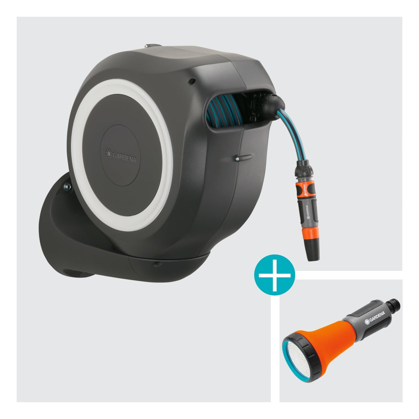 Gardena Wall-Mounted Hose Box RollUp M 20 m: Flexible irrigation for medium-sized gardens, pivoting hose reel, with wall bracket, system components and sprayer including 20 m Gardena hose (18612-20)