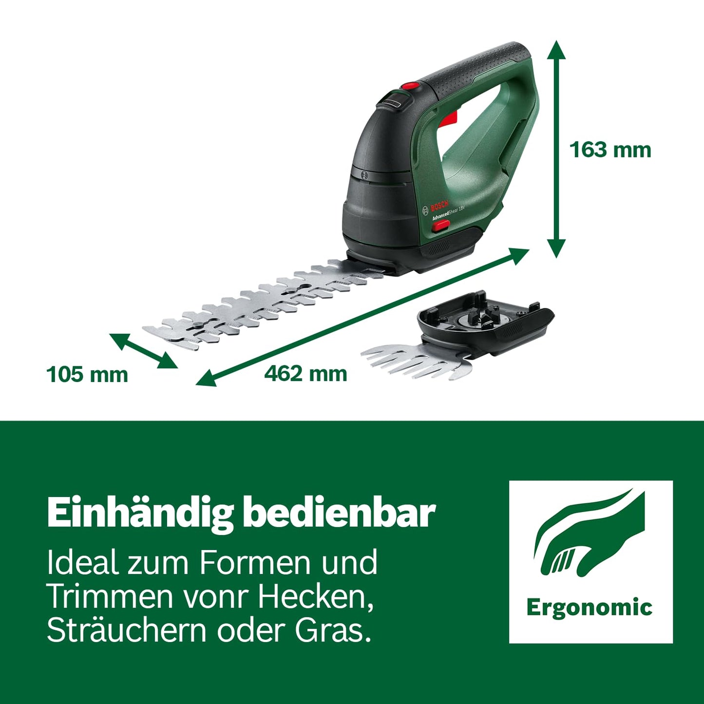 Bosch 'AdvancedShear' Cordless Grass Shear 18V-10 with shrub and grass shear blades | without battery