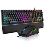 RedThunder K10 Gaming Keyboard and Mouse Set, QWERTZ DE Layout, Metal Plate and Wrist Rest, RGB Backlight and 7D Ergonomic for PC Gamers (Black)