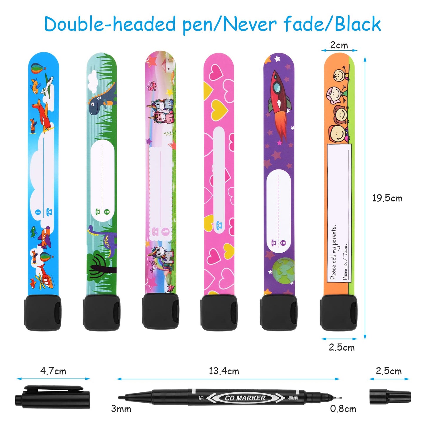 SOS Emergency ID Bracelet for Children (6 pieces) with 1 Marker Pen: Reusable