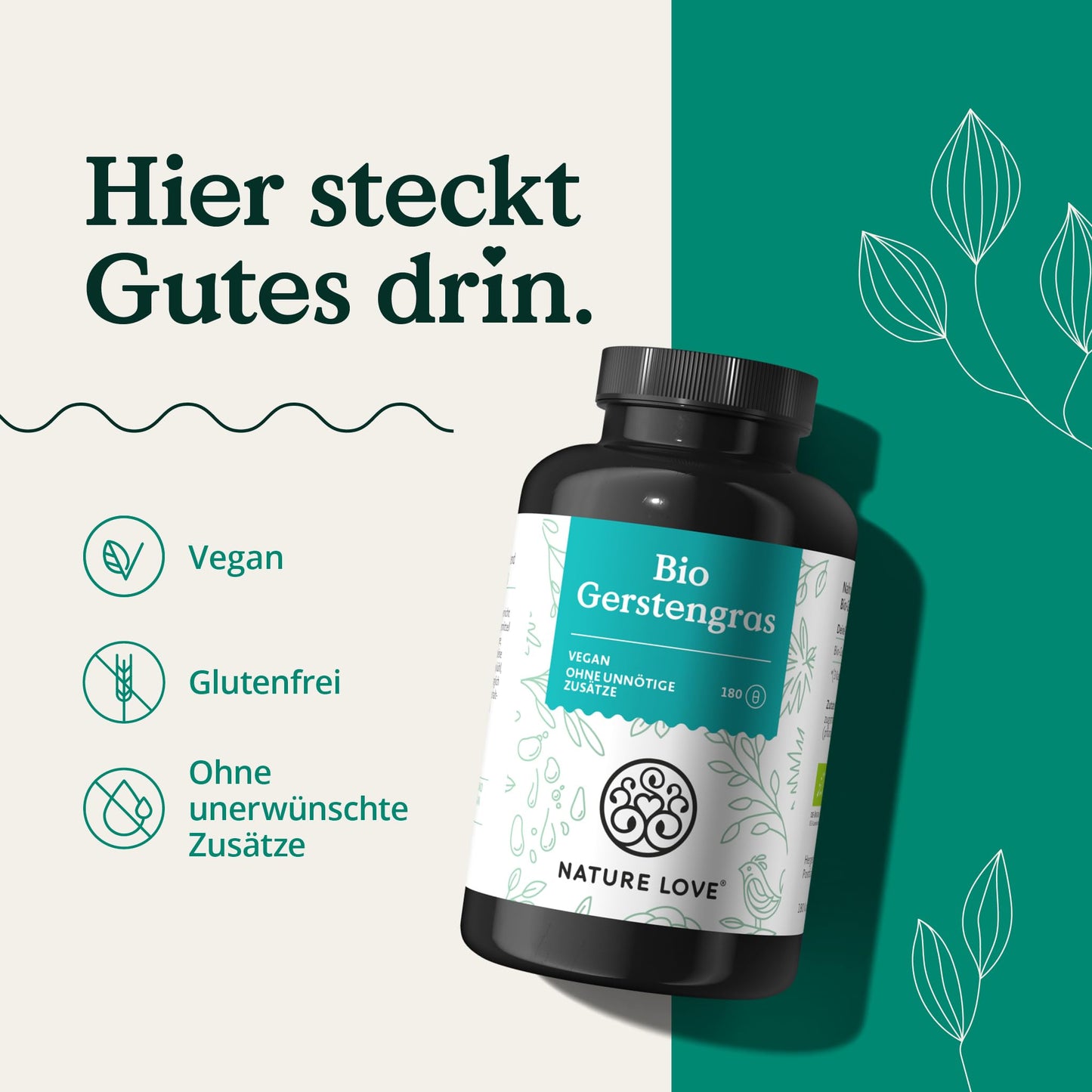 NATURE LOVE® Bio Gerstengras aus deutschem Anbau (1500mg je Tagesdosis): 180 Kapseln - Hochdosiert