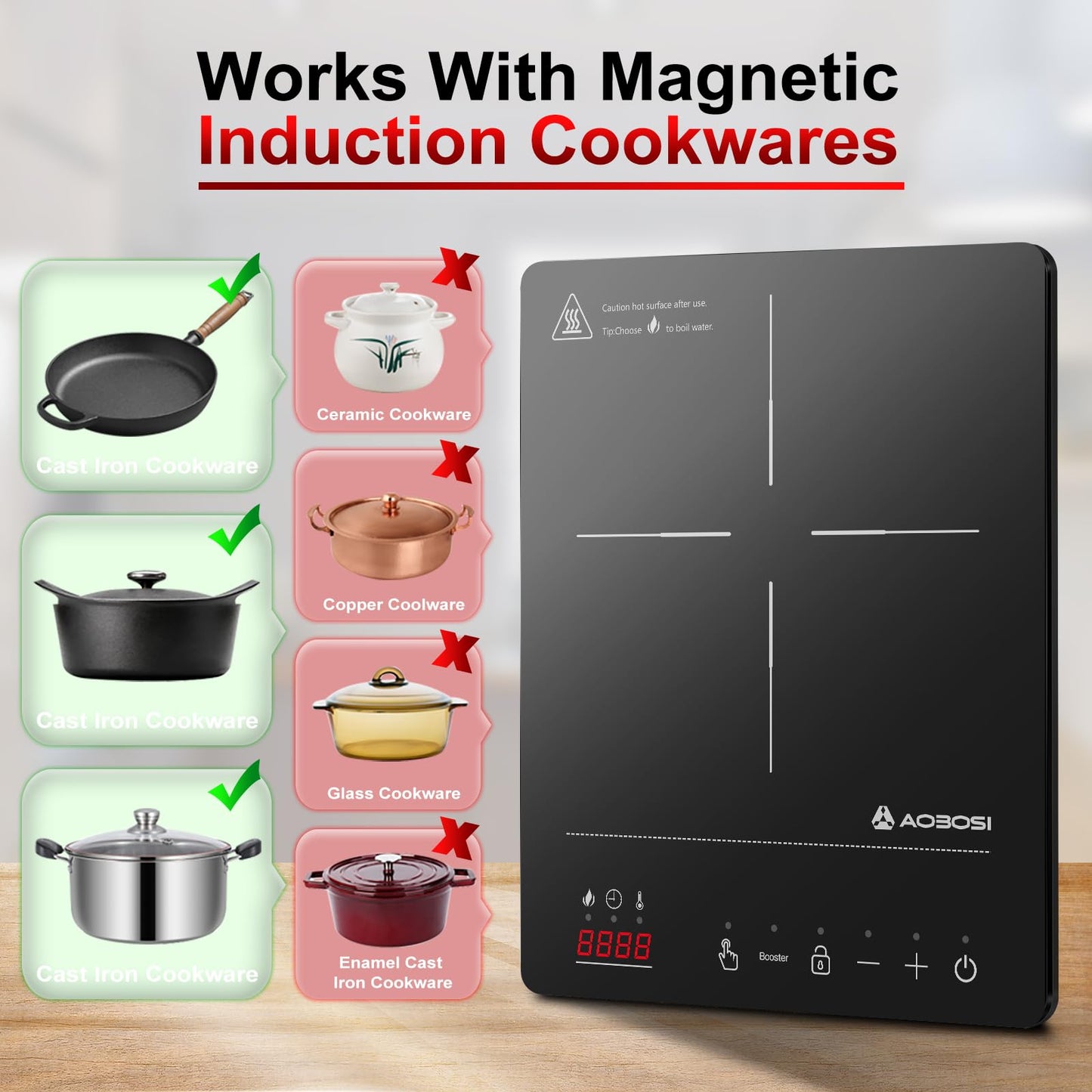Aobosi Induktionskochfeld 1 Platte,Induktionskochplatte mit Booster-Funktion, 20 Leistungsstufen und Temperaturstufen,Kompakte Größe,2000W Tragbares Induktionskochfeld,10H-Timer,Schwarz