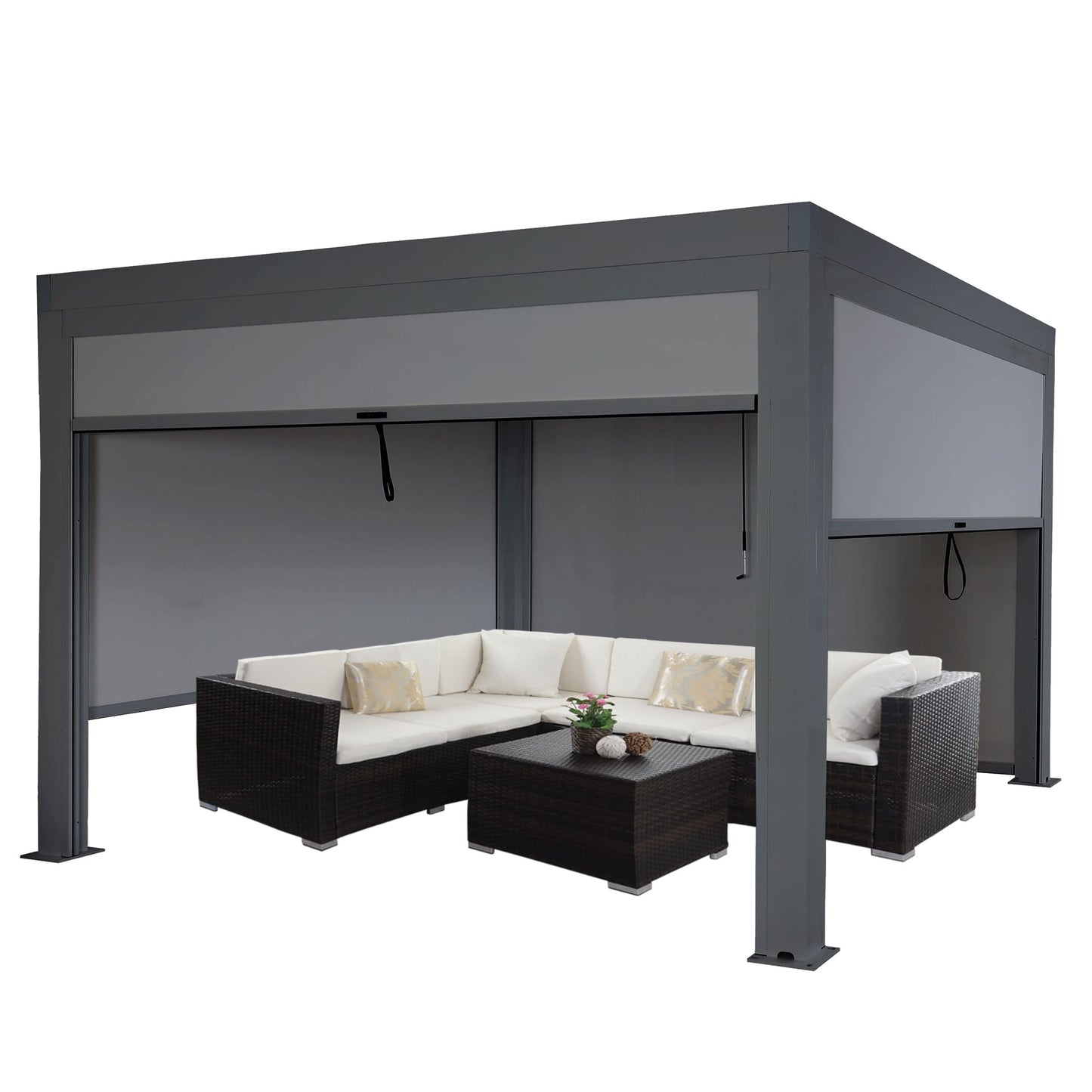 Pergola (HWC-L46) Garten-Lamellen-Pavillon mit Seitenwand-Rollo (3x4m): Sturmfest, Alugestell