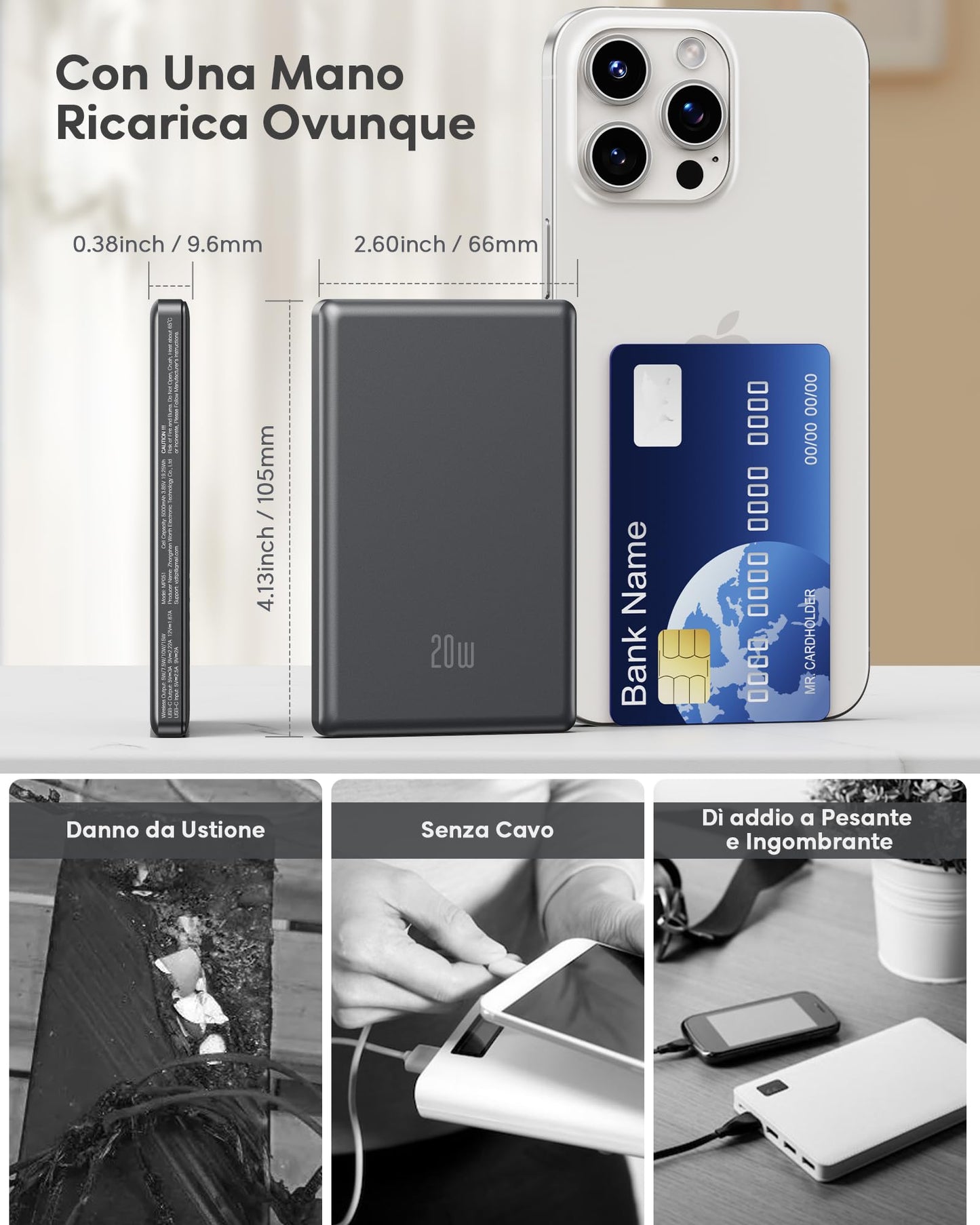 Ultra Slim iPhone Powerbank (5000mAh) for Magsafe - Inductive Charging, 20W Fast Charging