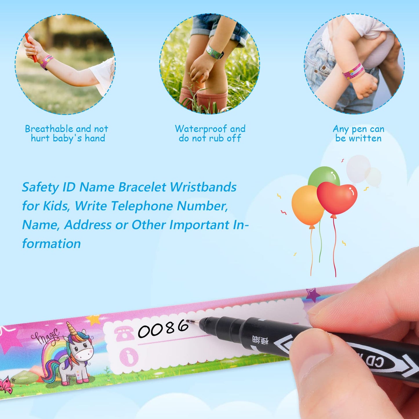 SOS Emergency ID Bracelet for Children (6 pieces) with 1 Marker Pen: Reusable