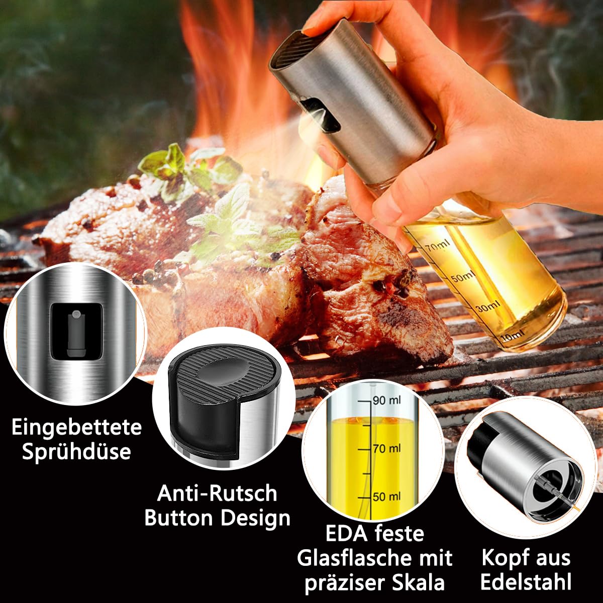 BETA NOBLE Ölsprüher Glas (100ml) für Küche & Grill mit Fächerdüse
