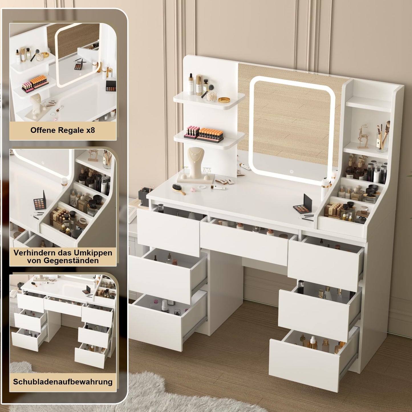 TRIUMPHKEY dressing table with LED lighting | 7 drawers, touch mirror