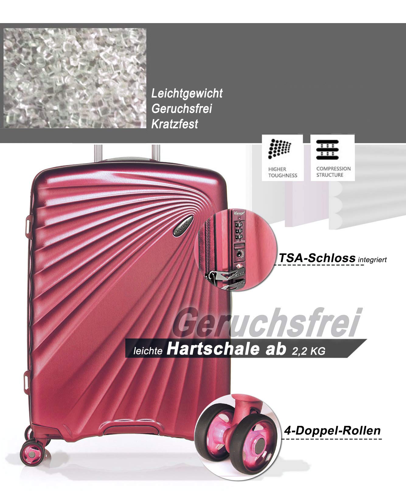 ABISTAB VERAGE 'Kinetic' hard-shell travel suitcase set (3 pieces): TSA, Burgundy