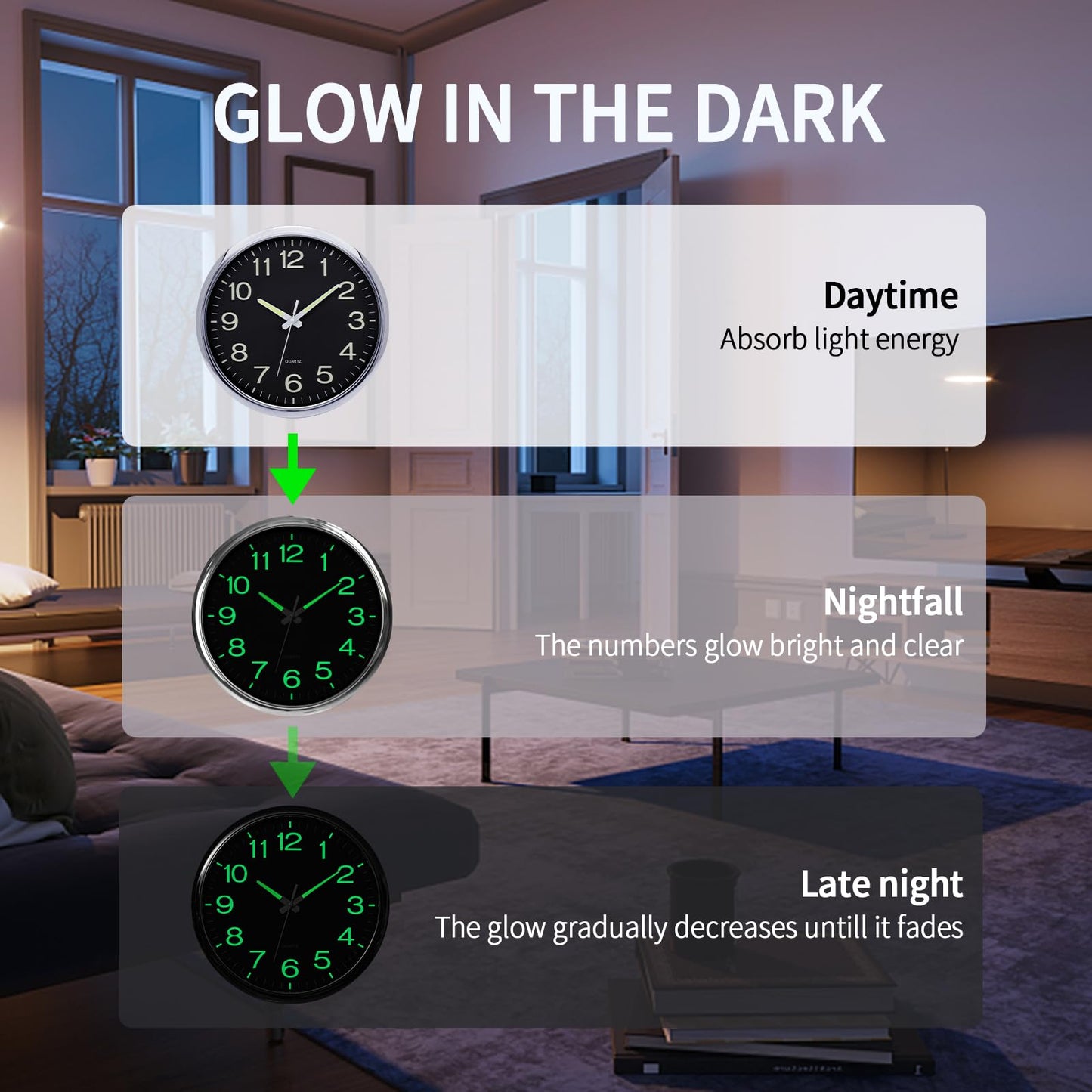 VINILITE Luminous Night Light Wall Clock (30cm) without ticking noise: Battery-operated for living room, bedroom, office