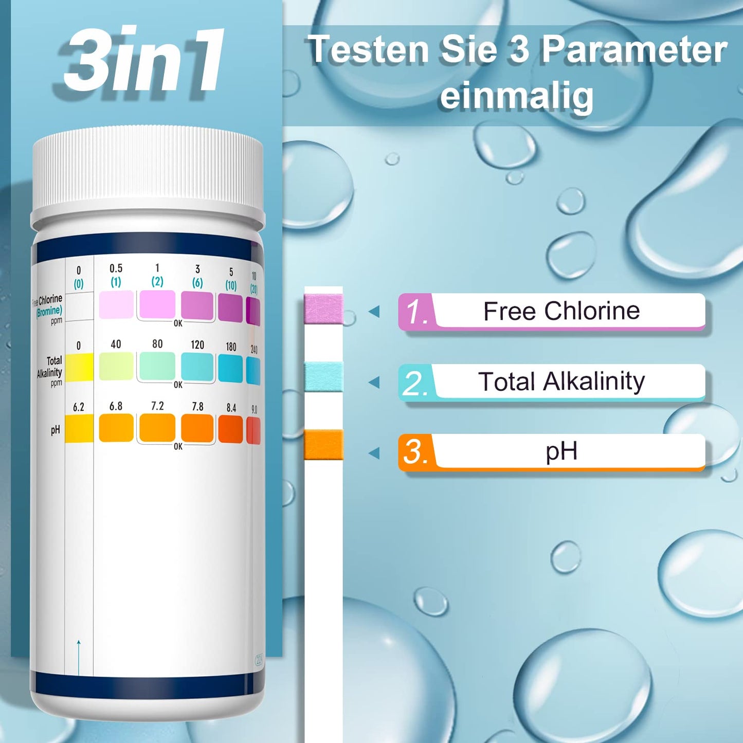 RUNBO 3-in-1 Pool-Teststreifen für Spa (150 Stäbchen Teststreifen): Wassertest-Set