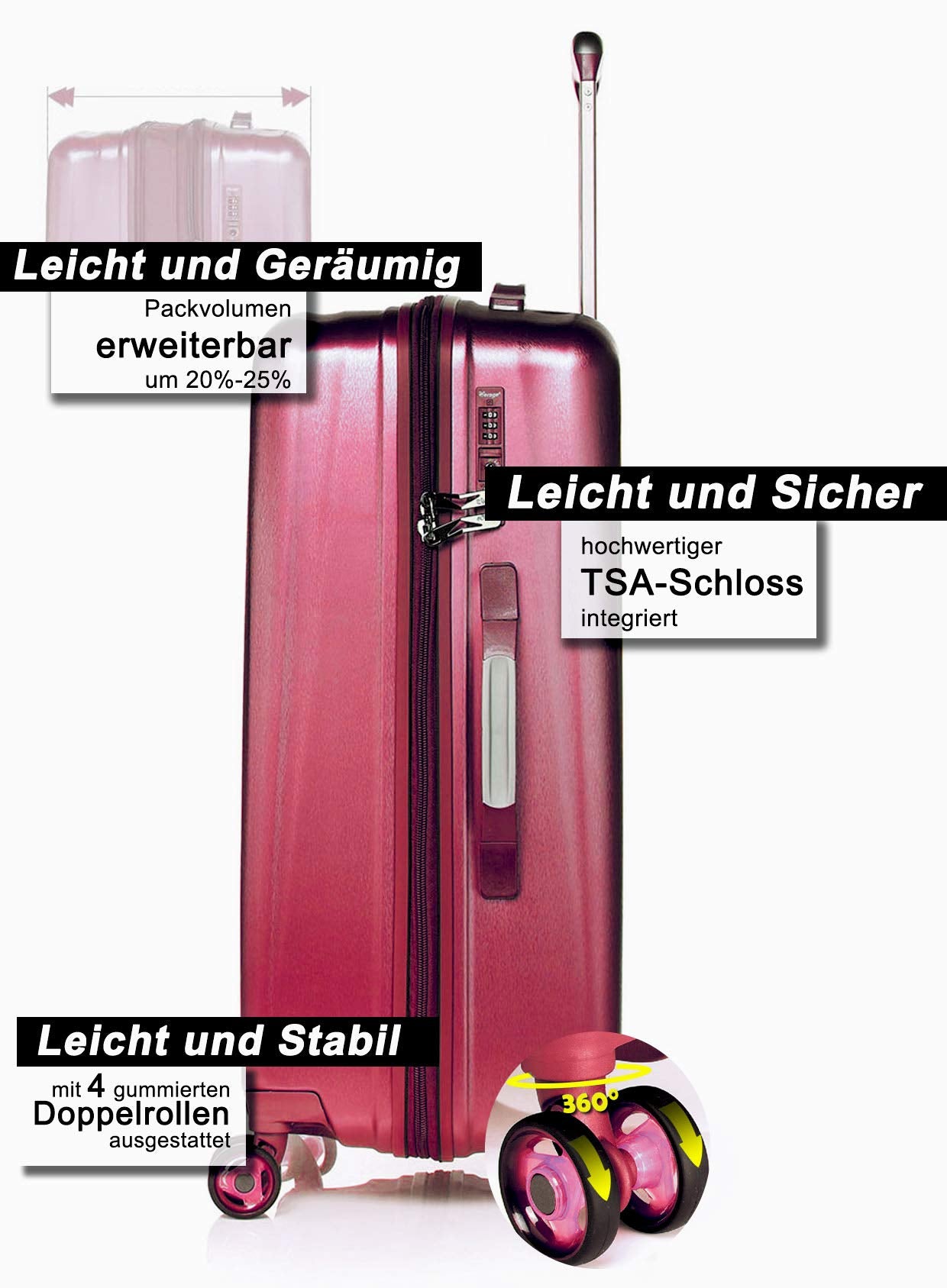 ABISTAB VERAGE 'Kinetic' hard-shell travel suitcase set (3 pieces): TSA, Burgundy