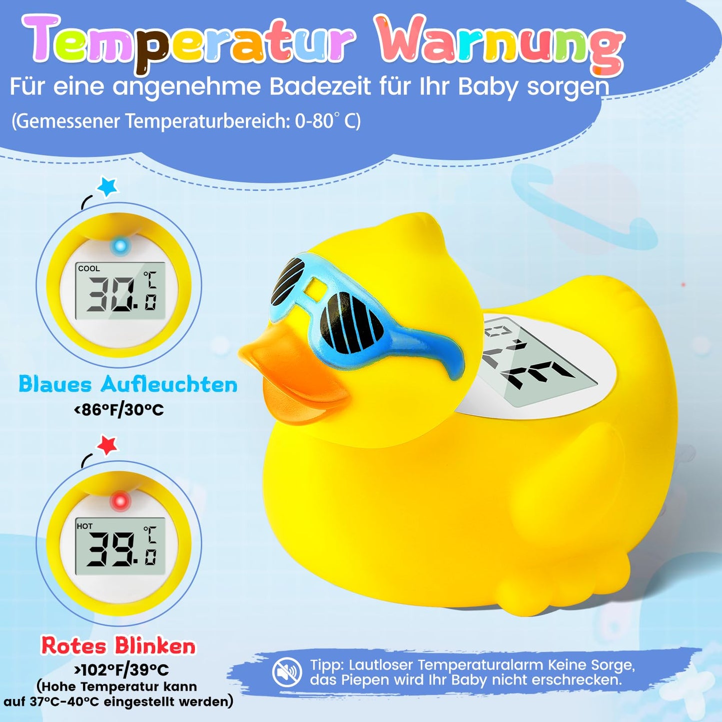 Bath and room temperature thermometer for newborns with LED display