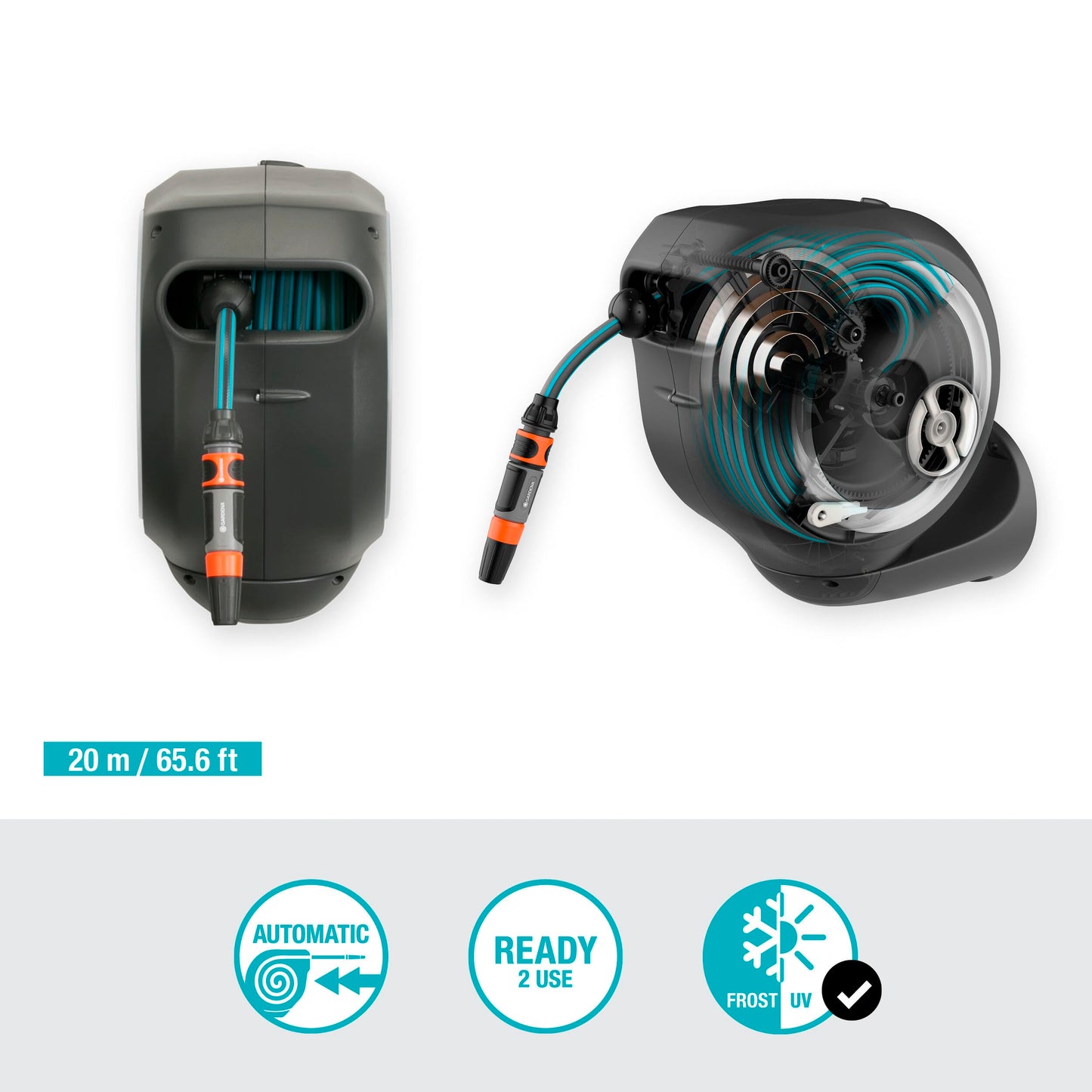 Gardena Wall-Mounted Hose Box RollUp M 20 m: Flexible irrigation for medium-sized gardens, pivoting hose reel, with wall bracket, system components and sprayer including 20 m Gardena hose (18612-20)
