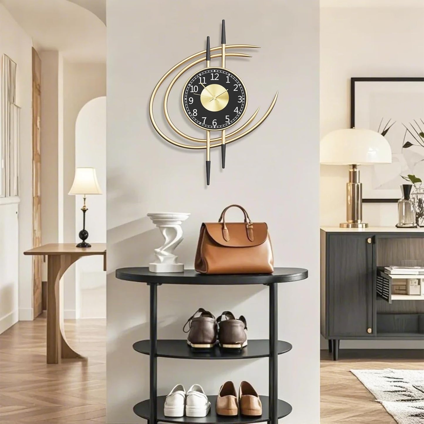 Large modern decorative wall clock (54cm) without ticking noise in gold-black design