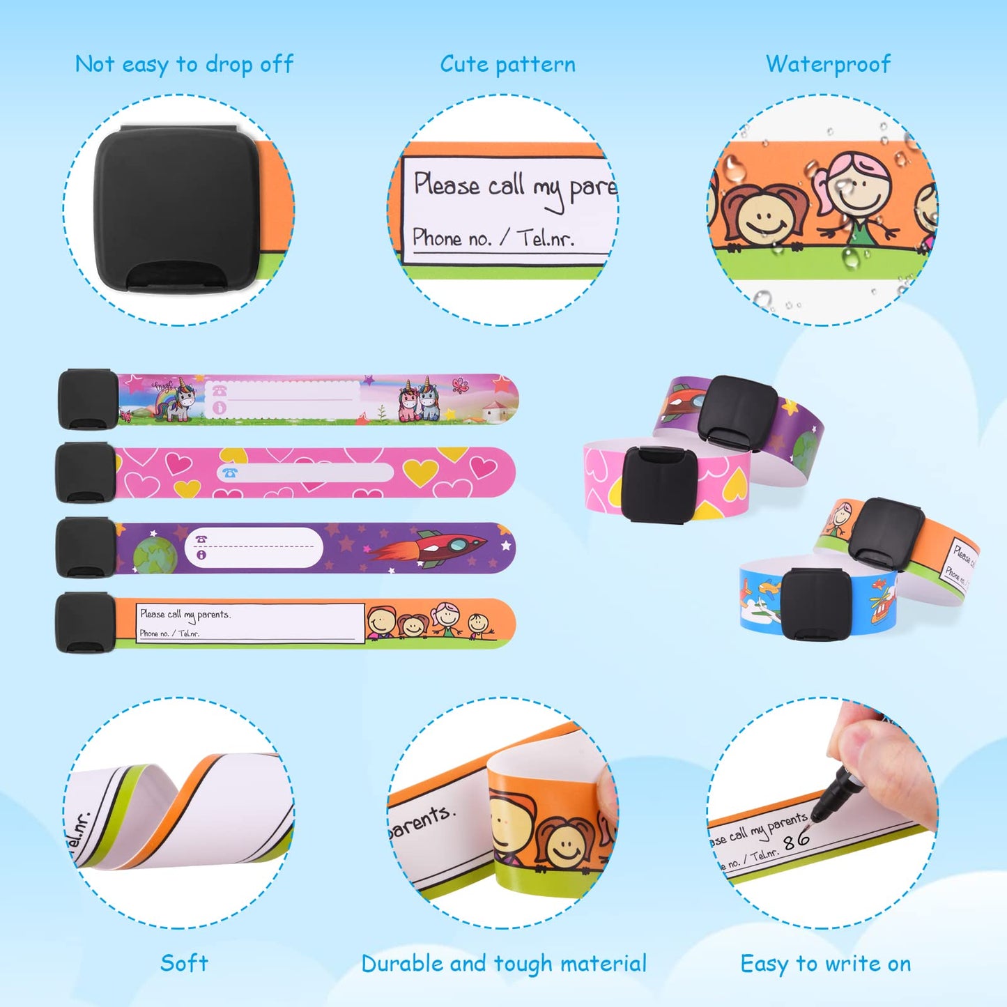 SOS Emergency ID Bracelet for Children (6 pieces) with 1 Marker Pen: Reusable