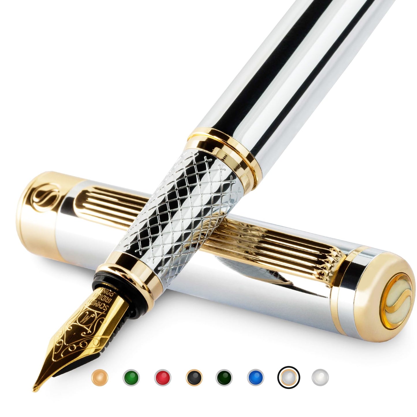 Scriveiner Silver Fountain Pen with Real Gold Finish, Schmidt Gold-Plated Nib (Medium), Best Gift for Men and Women, Managers, Executives (Silver Chrome)