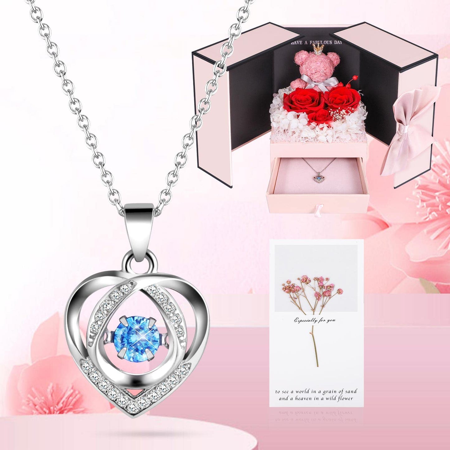 Eternal rose with heart necklace for women made of 925 silver: including gift box