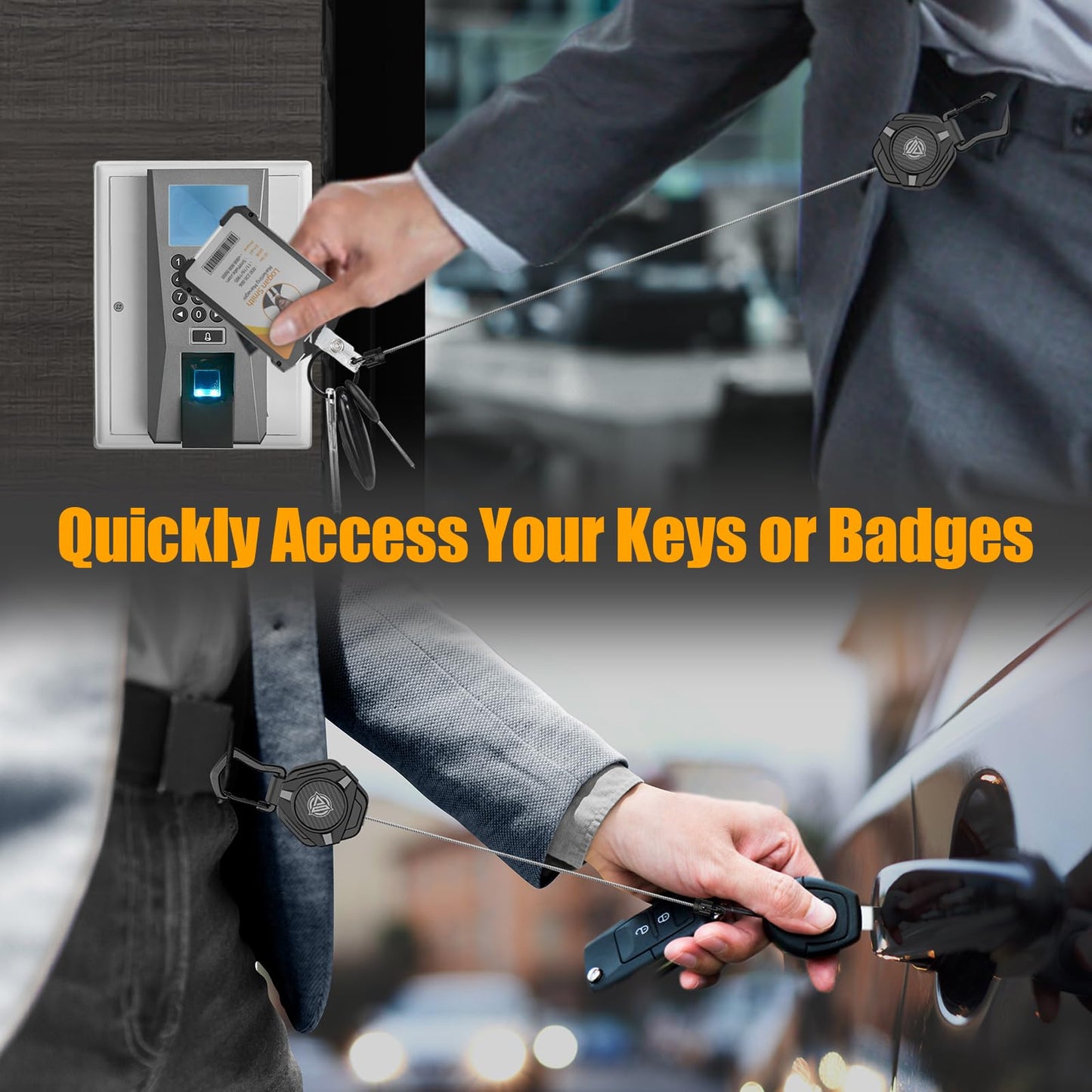 Magnetic Retractable Keychain (2-Pack): Carabiner ID badge holder with coated steel cable