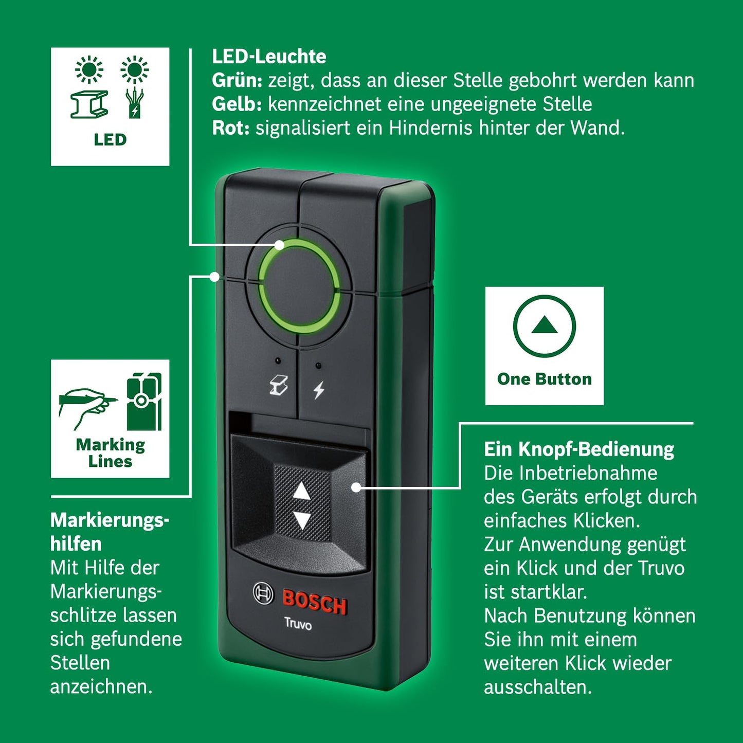 Bosch locator 'Truvo 2nd generation' with one-button operation: Wall scanner up to 70mm