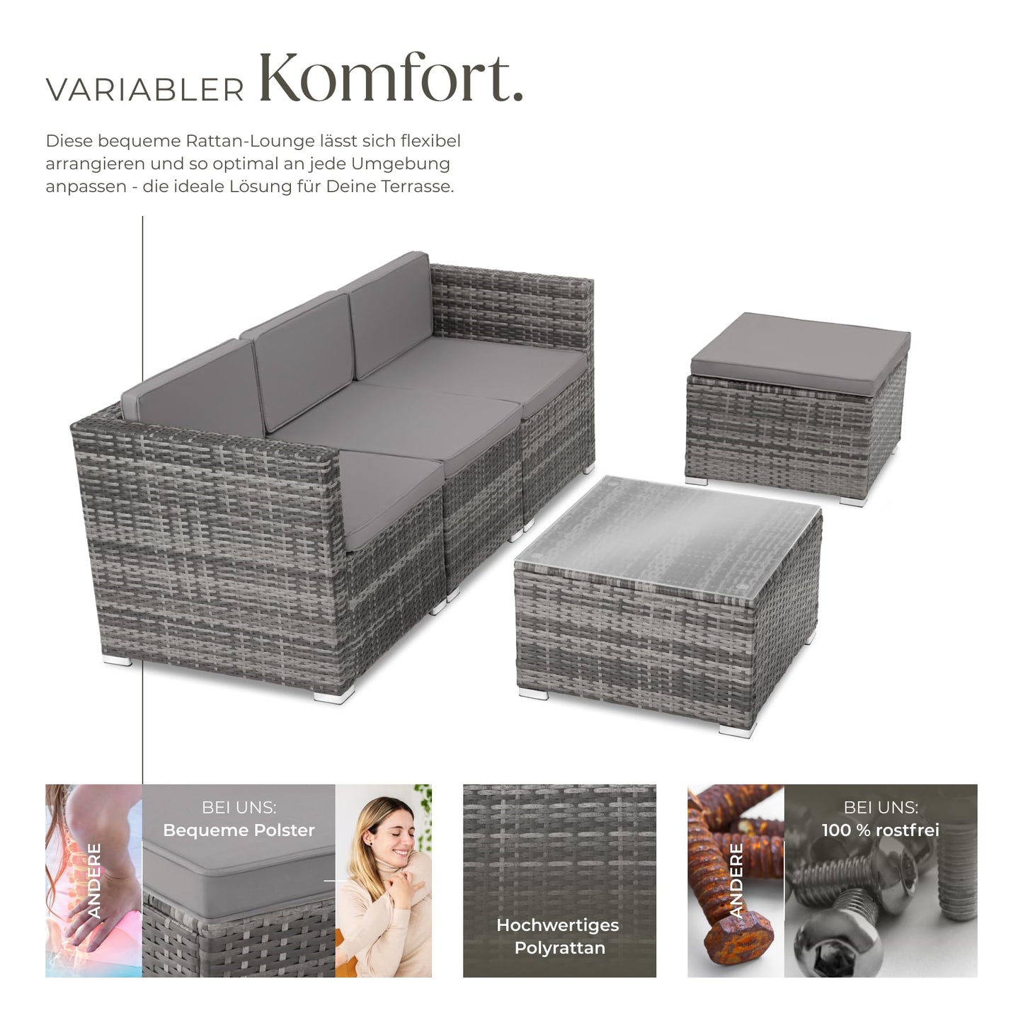 tectake® poly rattan lounge seating group with sofa, armchair, stool and table: Weatherproof