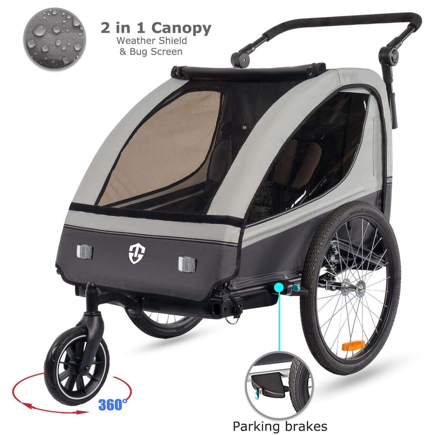 Tiggo 2-in-1 Bicycle Trailer with Buggy Set: 360° Rotatable with Suspension - max. 40 kg (Gray)