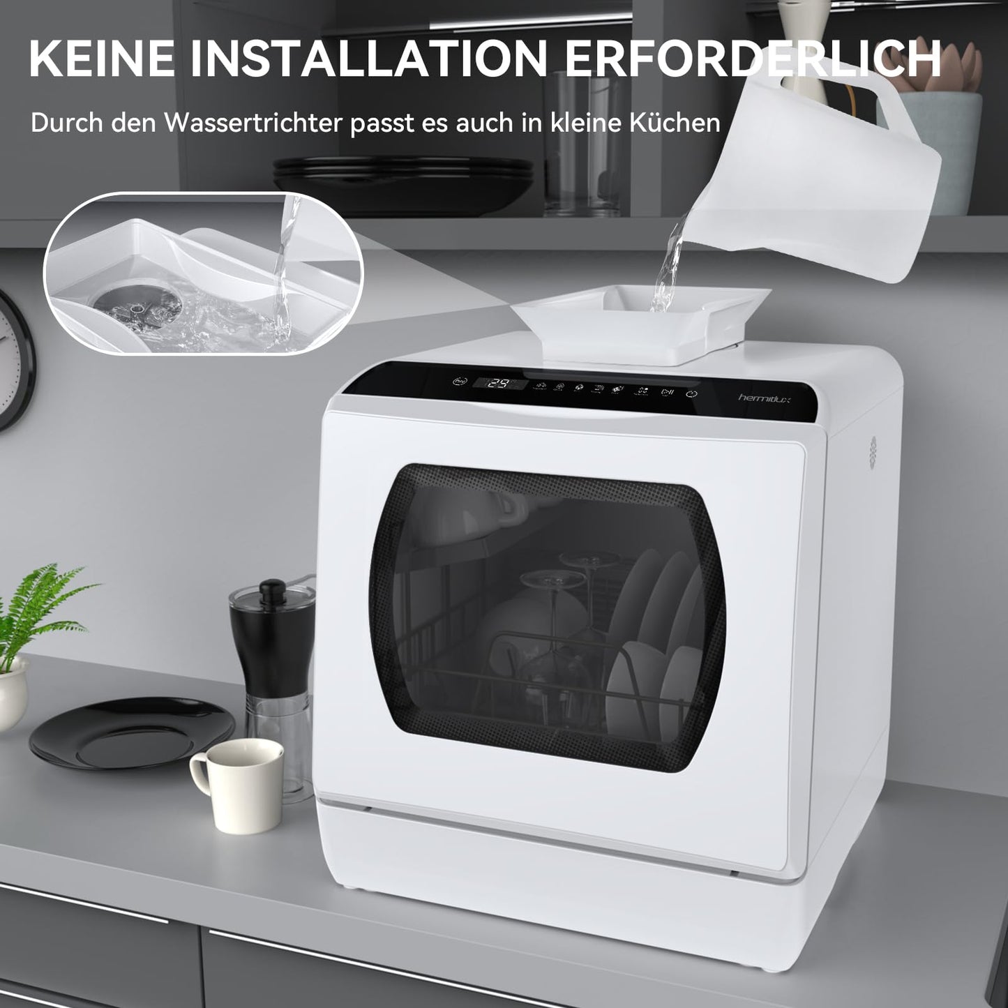 Hermitlux Mini-Geschirrspüler für 4 Bestecksätze, 5 Liter Wassertank, 6 Programme