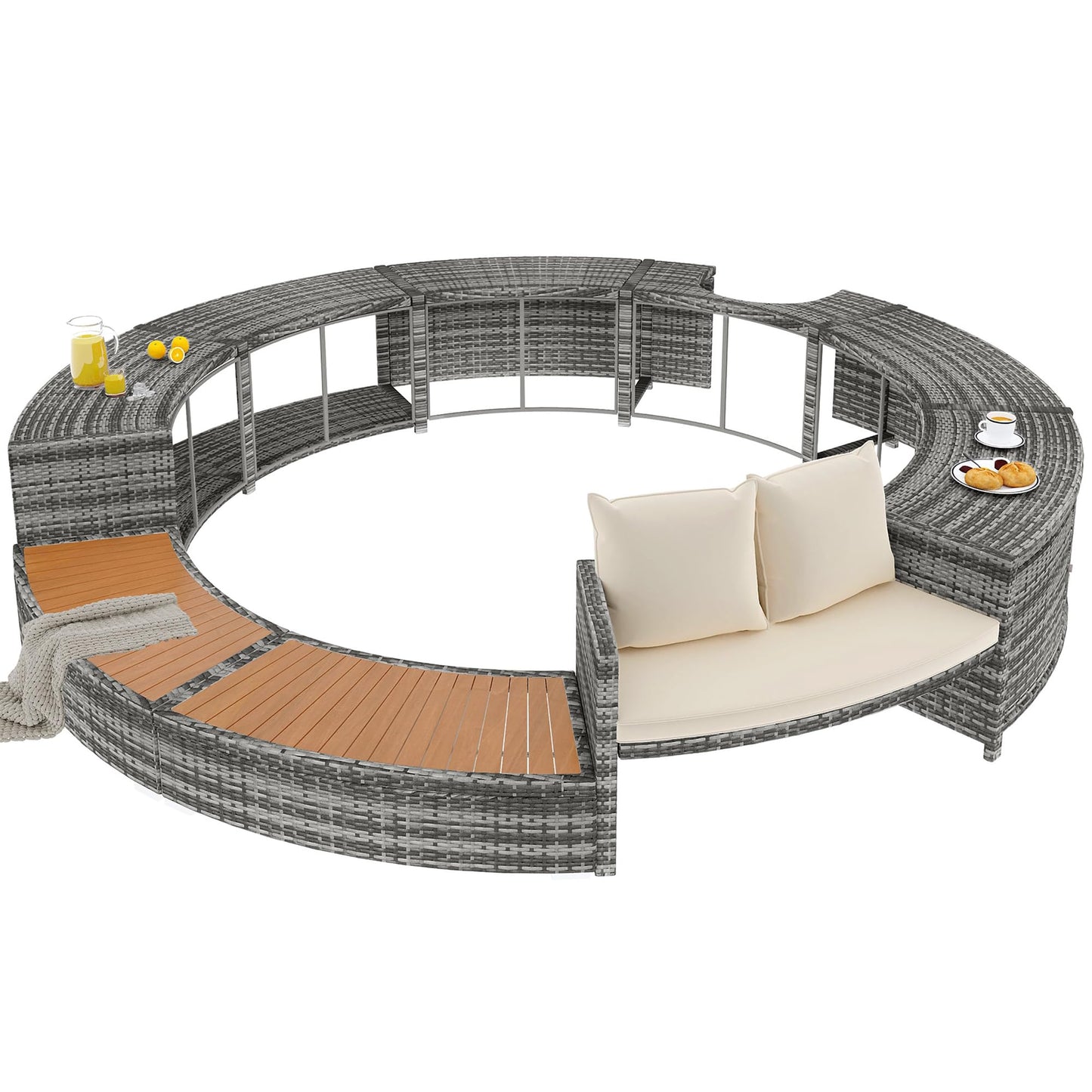 Garten-Lounge-Set mit runder Couch für Whirlpool & Pool mit verstellbaren Füßen inkl. Kissen