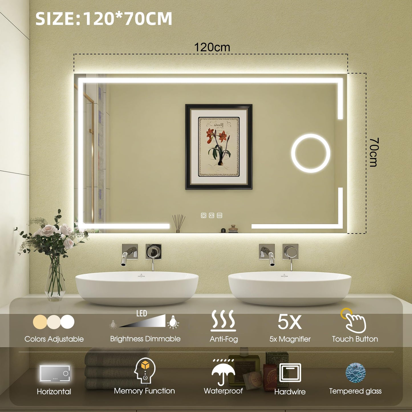 STARLEAD Bathroom Mirror with Lighting 120x70cm, Bathroom Mirror with 5X Magnifying Mirror with Light, 3 Light Colors, Adjustable Brightness, Defogging, IP44 LED Mirror Bathroom, HD Tempered Glass