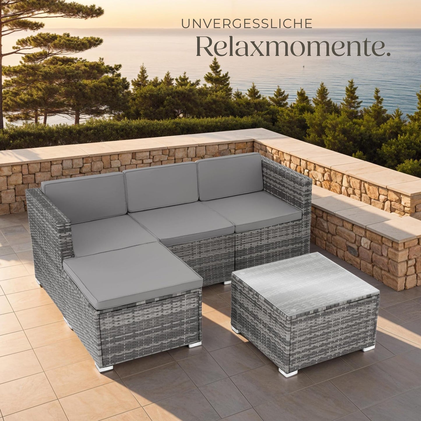 tectake® poly rattan lounge seating group with sofa, armchair, stool and table: Weatherproof