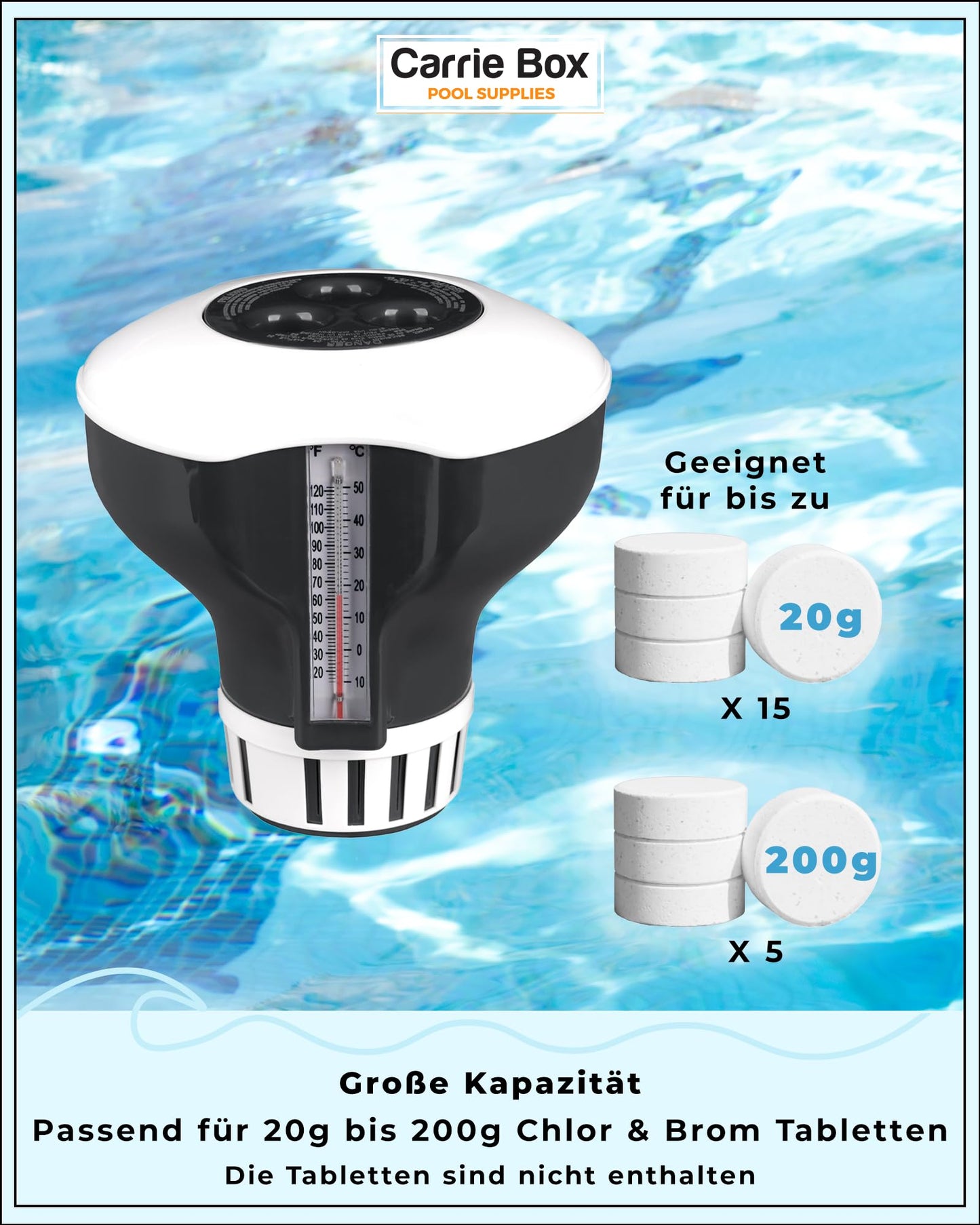 Carrie Box Dosierschwimmer inkl. Thermometer: Chlordosierer, Einstellbar, 20 bis 200g