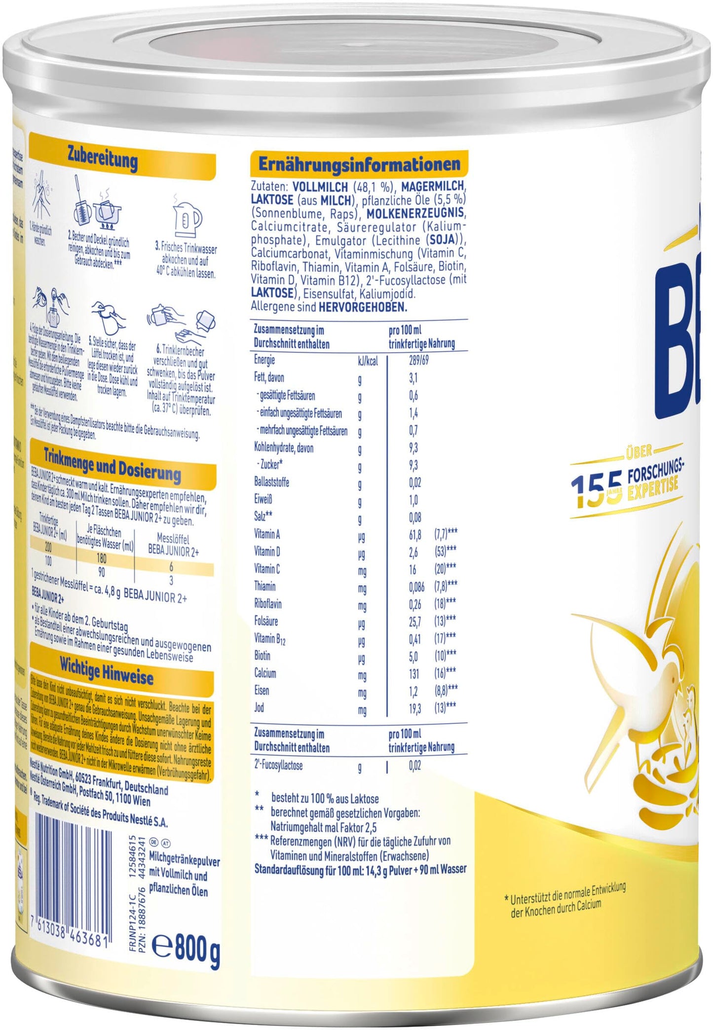 BEBA Junior 2+ Milchgetränk (3x 800g) ab dem 2. Geburtstag: Babynahrung mit HMO 2'-FL