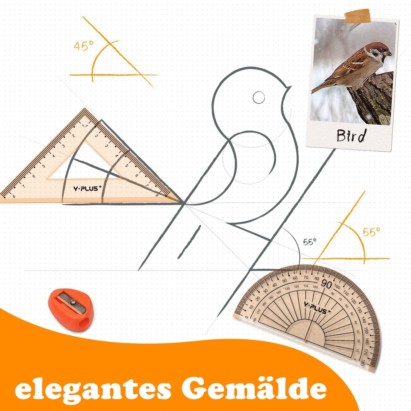 Mathematics geometry set with ruler, protractor, protractor and pencils