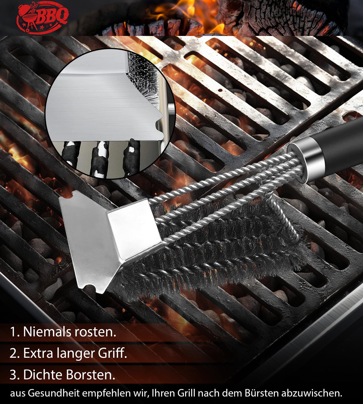Grill brush, TNTOR grill cleaning brush with extra long stainless steel bristles, stainless steel spatula and PP heat-insulated handle, for gas grill, charcoal grill, kettle grill, electric grill and grill grate.