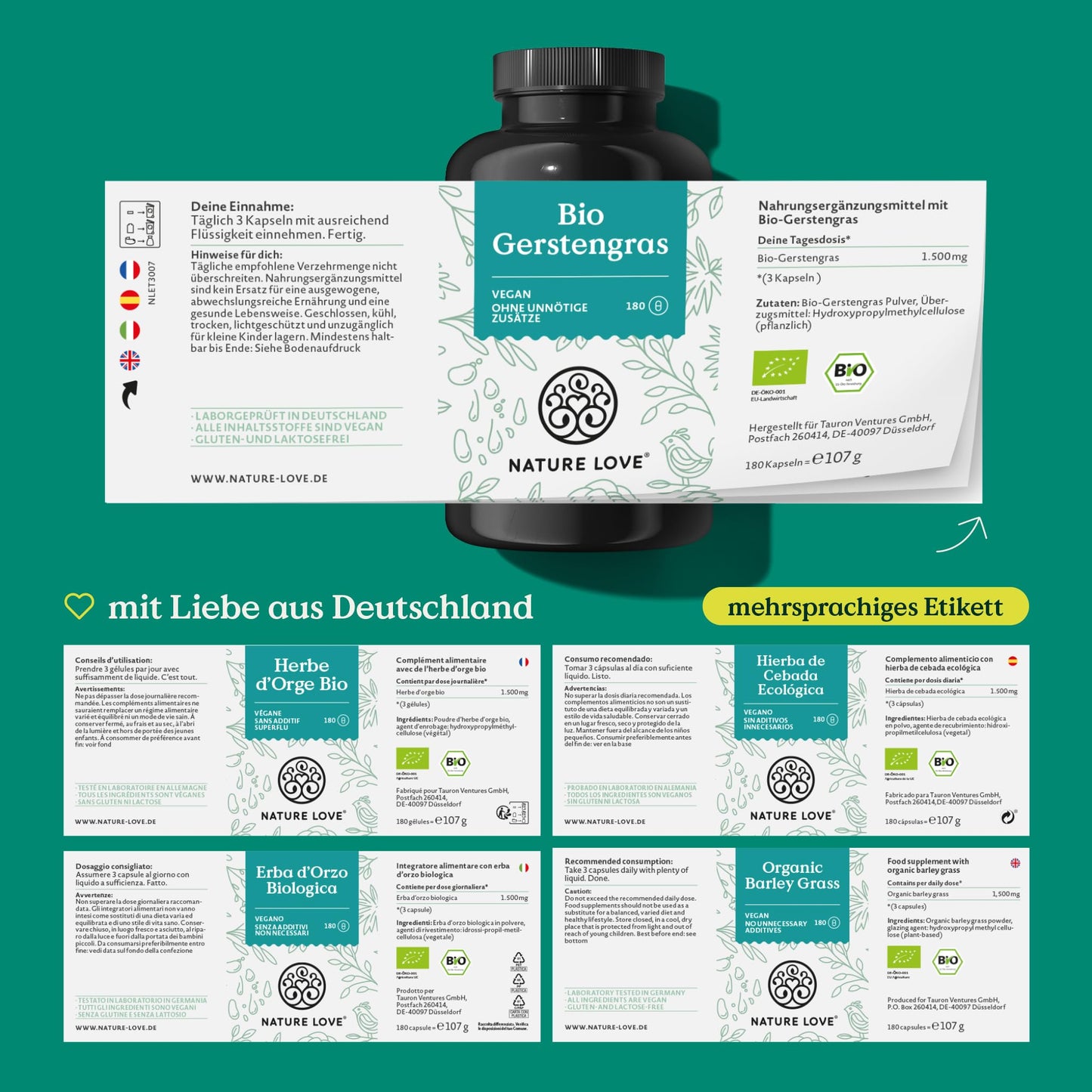 NATURE LOVE® Bio Gerstengras aus deutschem Anbau (1500mg je Tagesdosis): 180 Kapseln - Hochdosiert