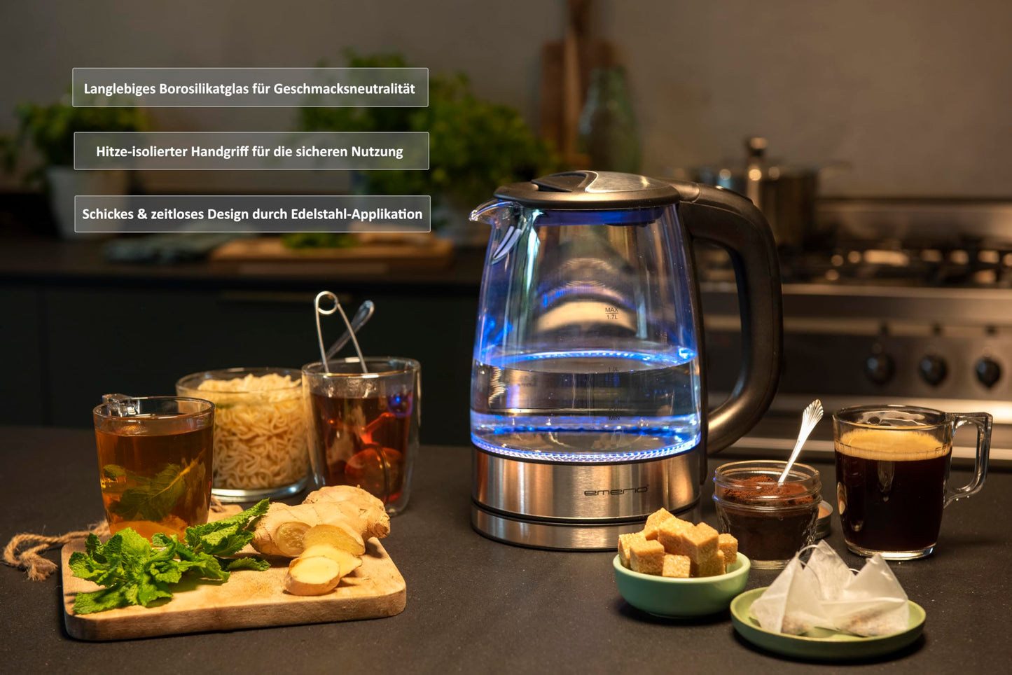 EMERIO Glas Wasserkocher (1,7L): 2200 Watt, Blau LED-Innenbeleuchtung | BPA-Frei