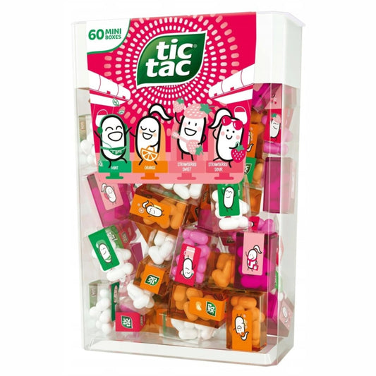 Kleiner Genuss, große Vielfalt – die Tic Tac Strawberry Edition im Mini-Mix bietet dir 60 handliche Schachteln à 3,8 g in vier leckeren Sorten. Perfekt zum Teilen, für unterwegs oder als süße Aufmerksamkeit – ideal auch zu Halloween oder anderen Anlässen.
Eigenschaften:
Gesamtinhalt: 228 g, aufgeteilt in 60 Mini-Schachteln (à 3,8 g)
Sortenvielfalt: 15x Erdbeer-Süß, 15x Erdbeer-Sauer, 15x Orange, 15x Minze
Ideal zum Verteilen – für Partys, unterwegs oder als Mitgebsel
Kompakt & praktisch: Einzeln verpac