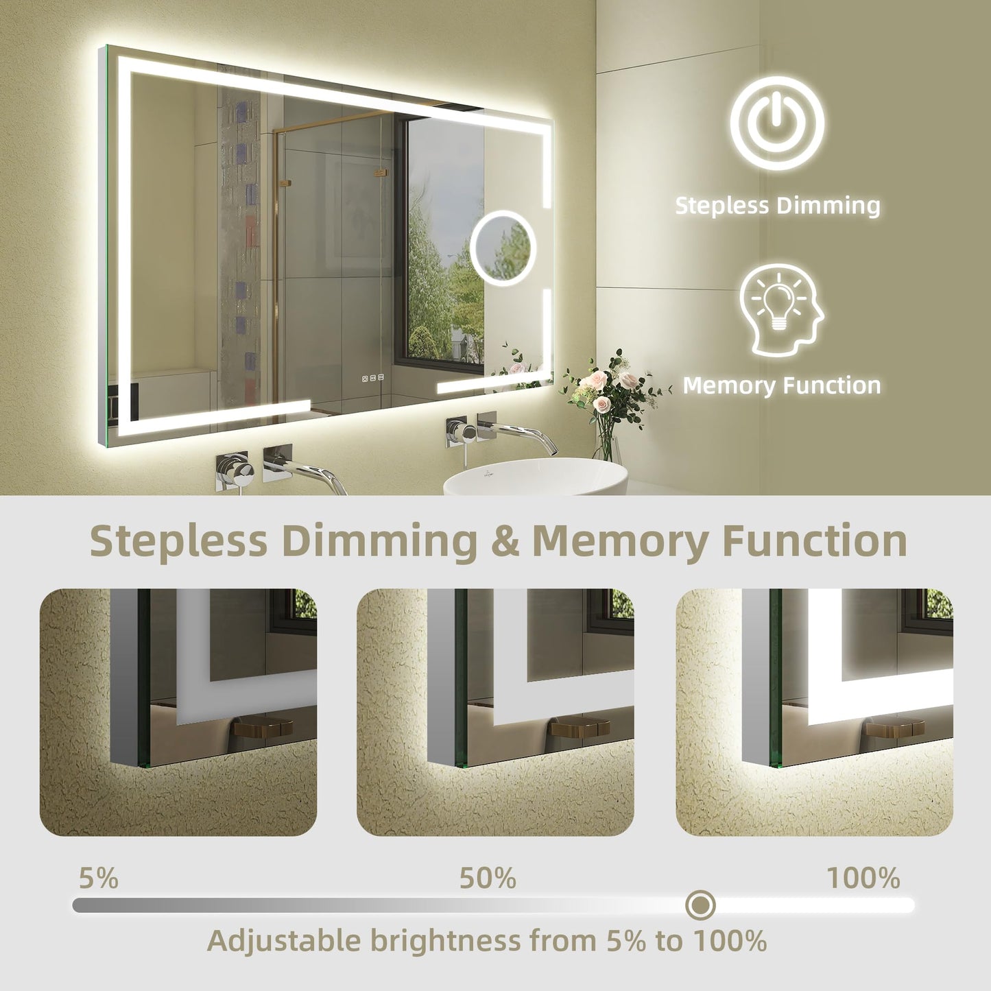 STARLEAD Bathroom Mirror with Lighting 120x70cm, Bathroom Mirror with 5X Magnifying Mirror with Light, 3 Light Colors, Adjustable Brightness, Defogging, IP44 LED Mirror Bathroom, HD Tempered Glass