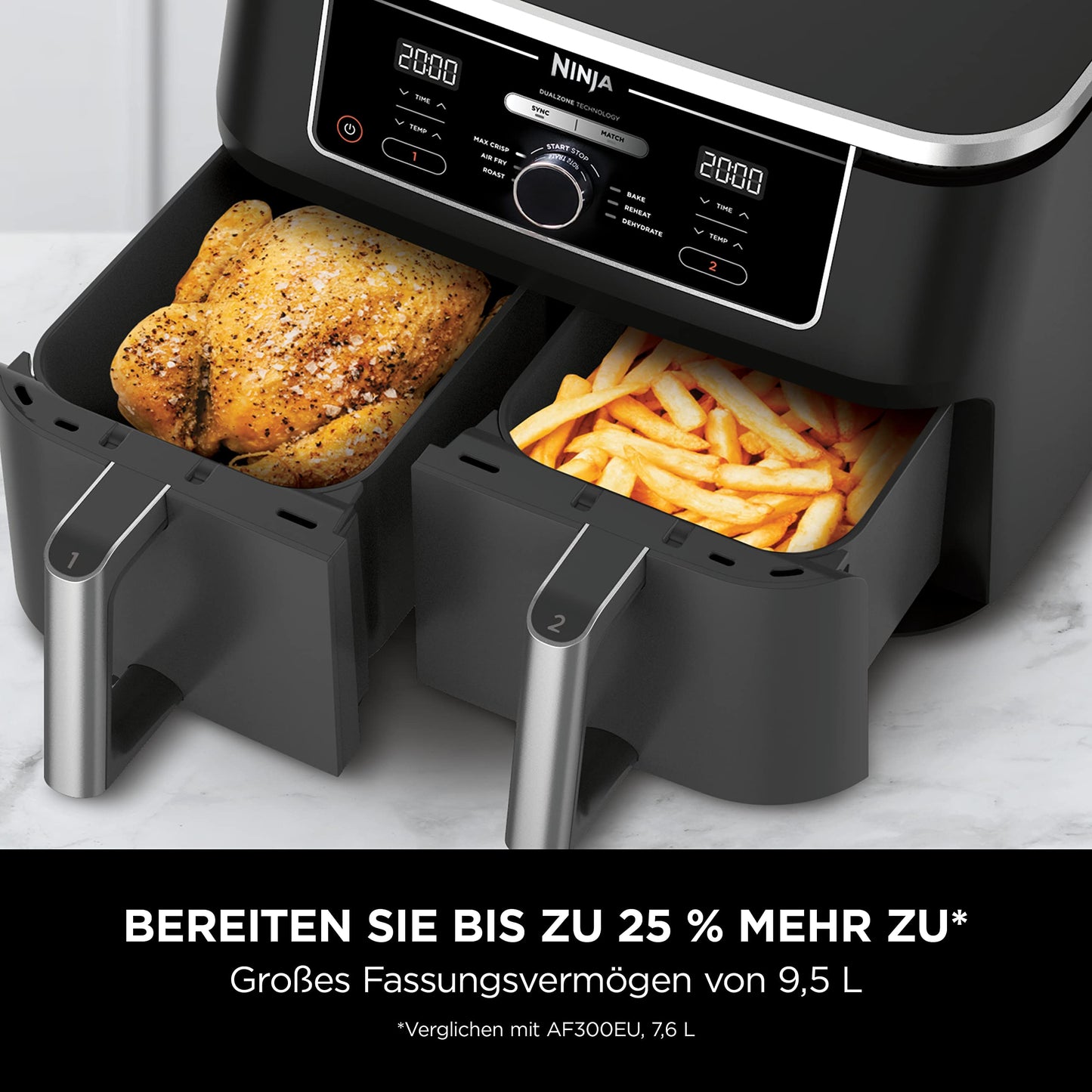 Ninja Dual-Zone Heißluftfritteuse AF400EU (9,5 L): 6 Kochfunktionen | Schwarz