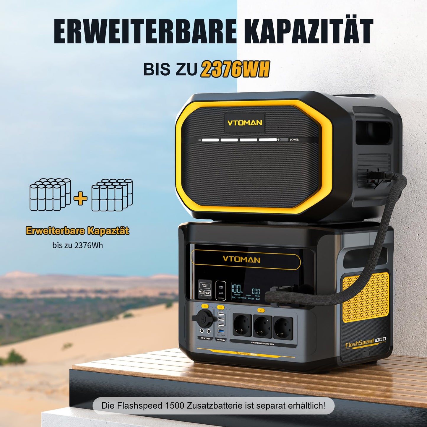 VTOMAN FlashSpeed 1000 Powerstation (2376Wh) Komplett-Set: 1h Schnellladung für Camping, Wohnmobil