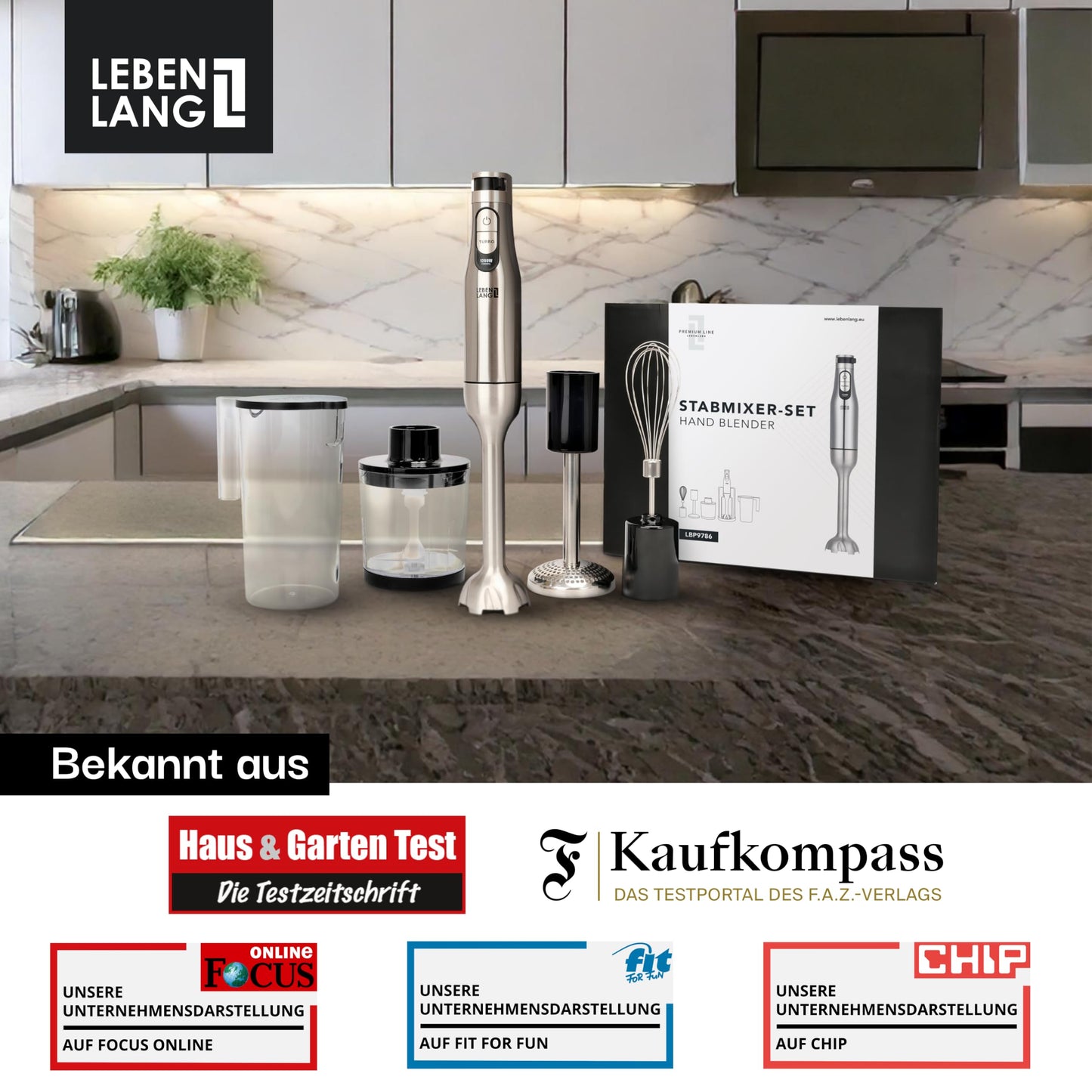 LEBENLANG Premium  Stabmixer Set (1200W) inkl. 5x Zubehör & Spritzschutz