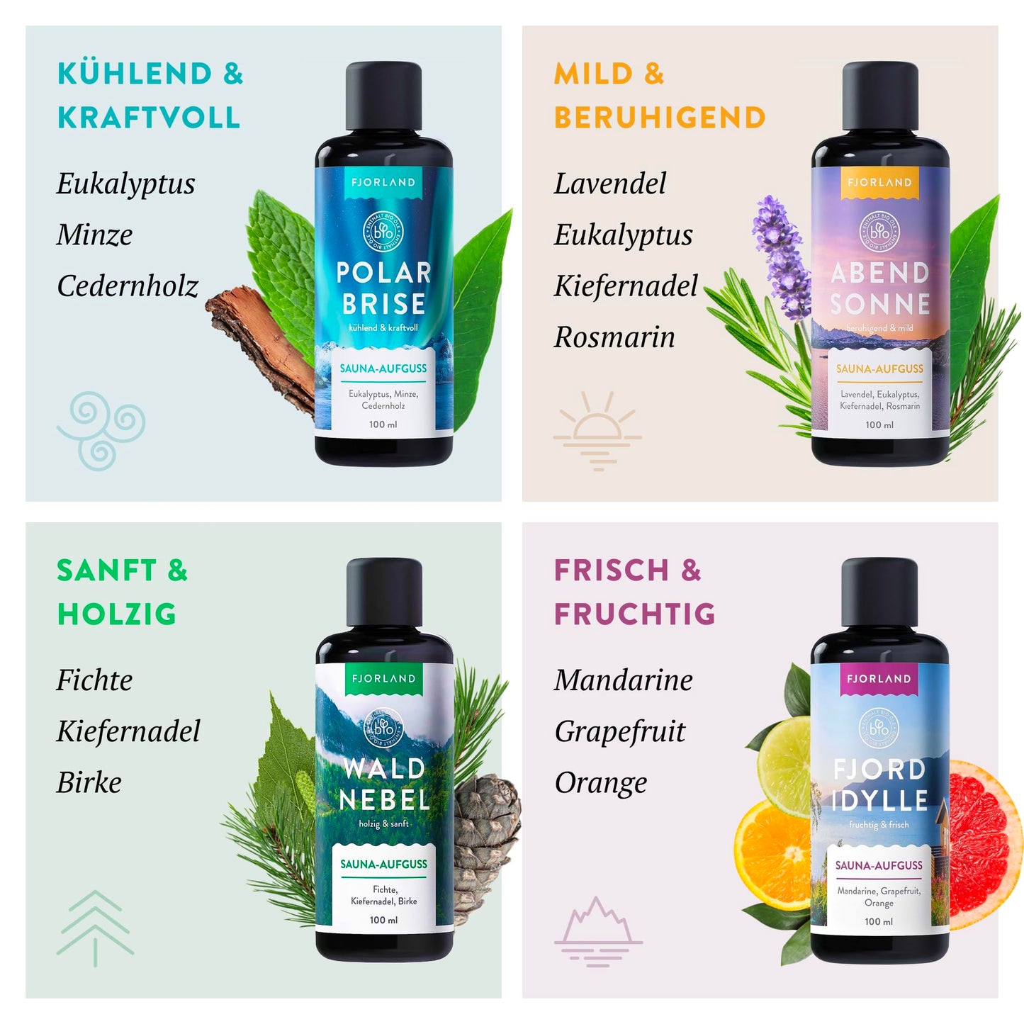 Fjorland ORGANIC Essential Sauna Fragrances Gift Set (4x100ml) in a high-quality gift box