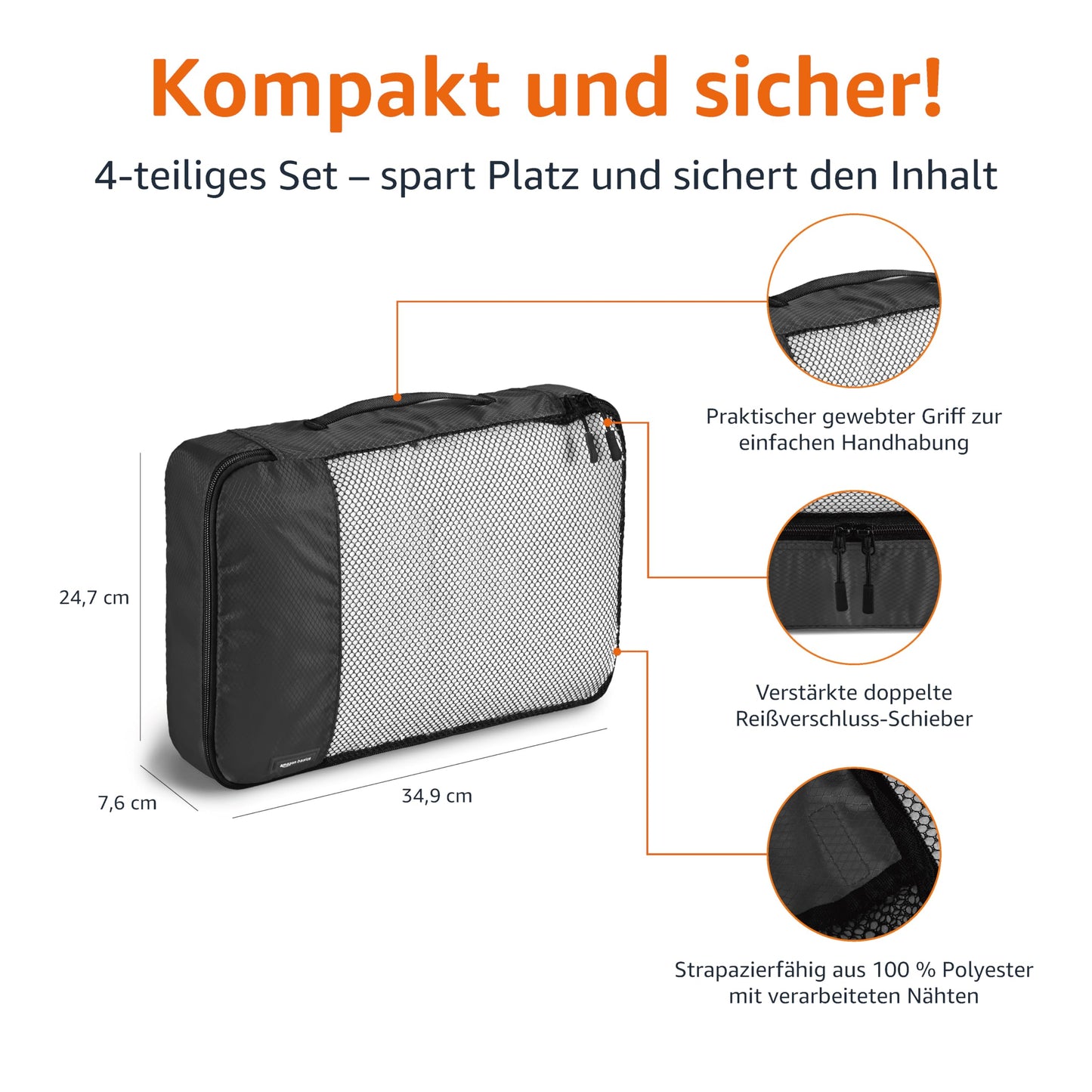 Amazon Basics Packwürfel Set für Koffer, Reise Organizer, Reißverschluss, 4 Stück, 1er-Pack, Mittelgroß, Schwarz