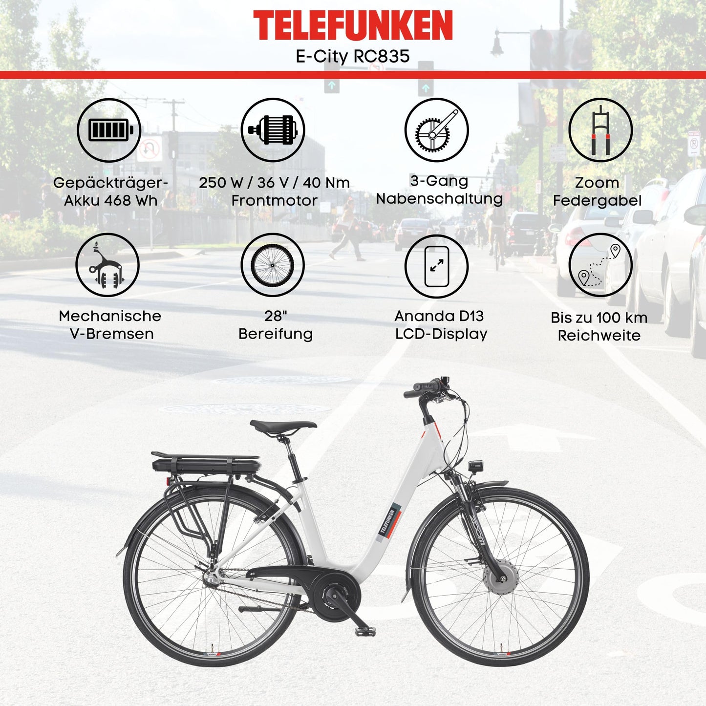 TELEFUNKEN (RC835) multi-talented e-bike for women: front motor, 3-speed, V-brakes