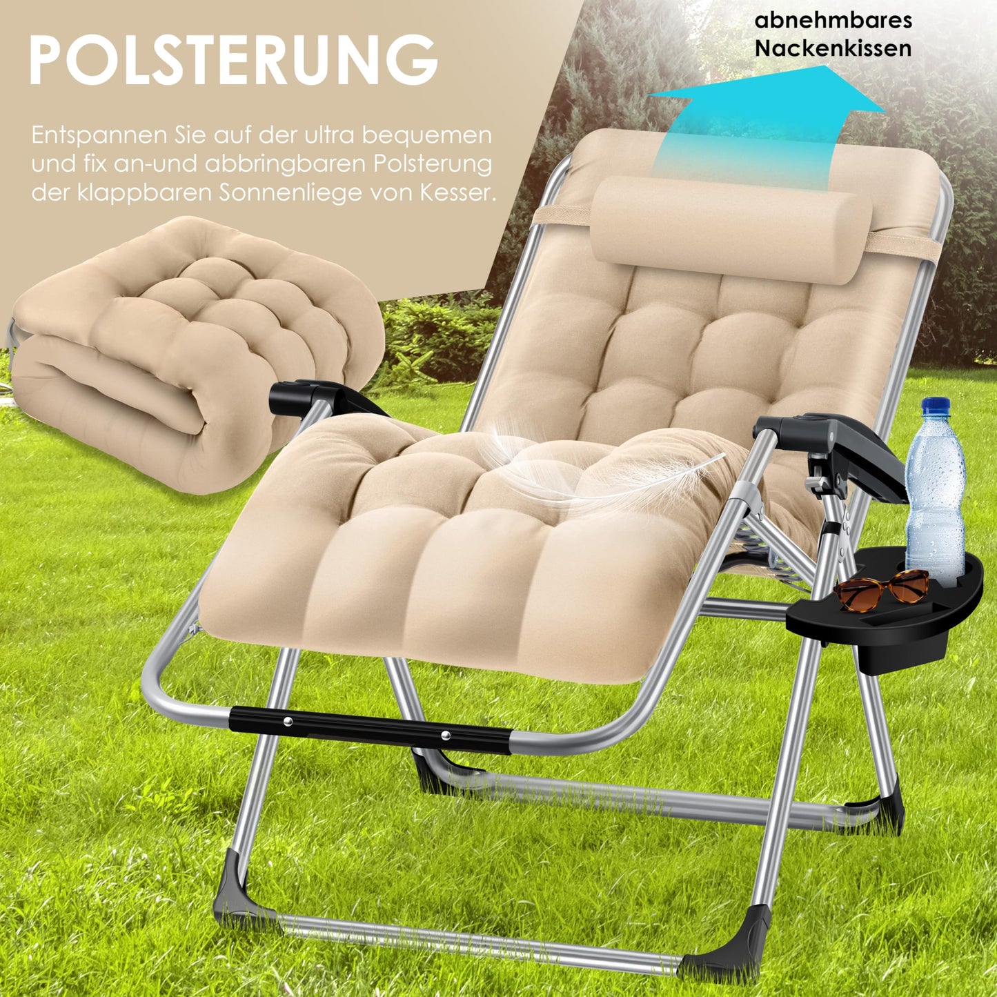 KESSER® sun lounger: Foldable & weatherproof including neck pillow & cup holder
