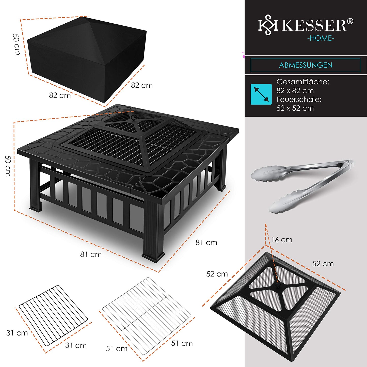 KESSER® fire pit with grill grate & grill tongs: fire bowl, BBQ grill with spark guard